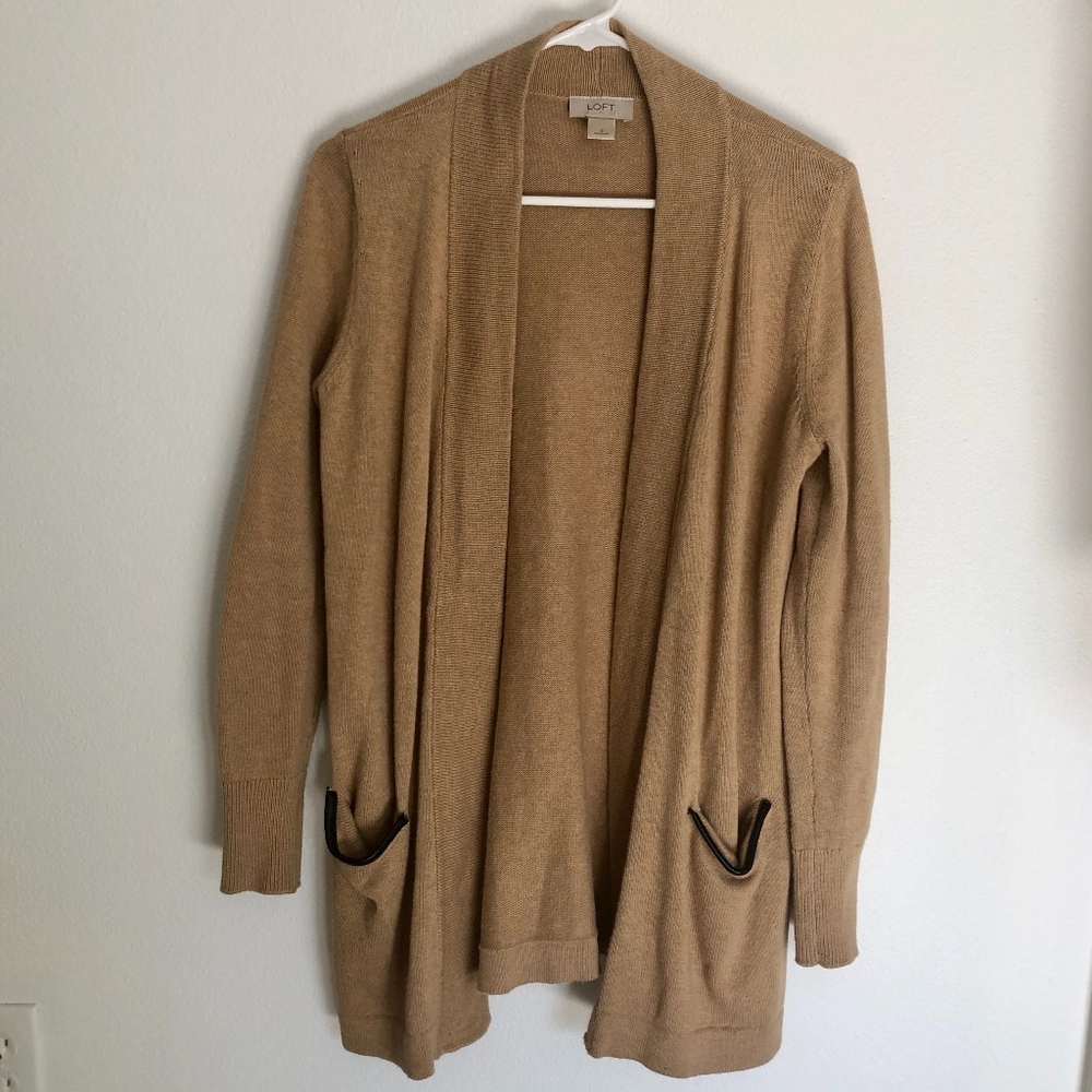 LOFT Tan Cardigan with Leather Pockets